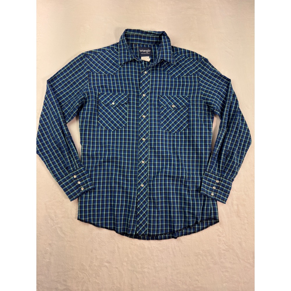 Wrangler Western Shirt Mens Medium Blue Teal Plaid Snap Front Long Sleeve 75204P